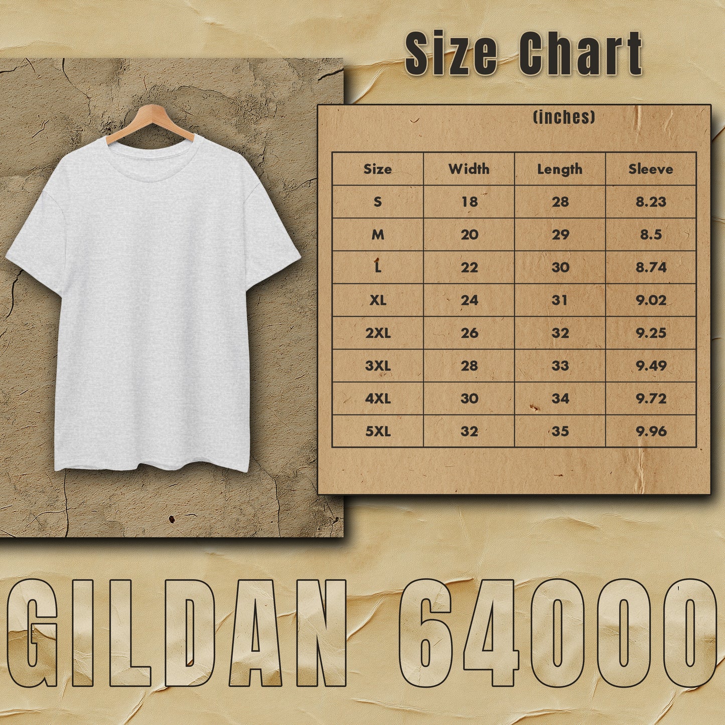 a t - shirt size chart with a wooden hanger